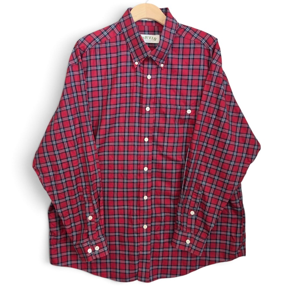 Orvis Shirt Mens XL Red Tartan Plaid Long Sleeve Button Down Outdoor Camp Trail